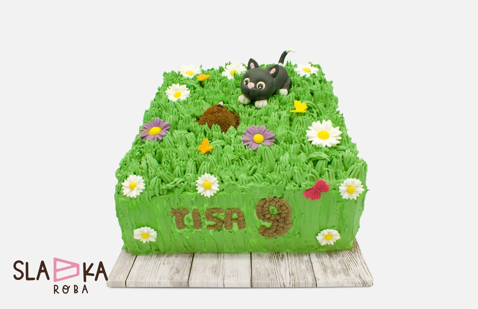 otroska torta, mucek, muca na travniku, torte po narocilu, sladka roba, ribnica
